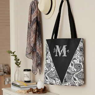 Bolsa tote personalizada de paisley en blanco y ne