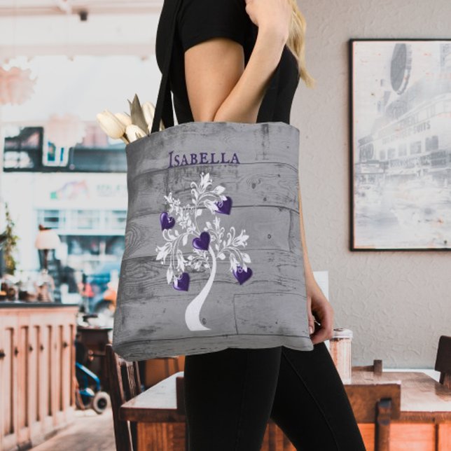 Bolsa Tote personalizada púrpura de corazones (Purple Tree of Hearts Personalized Tote Bag)