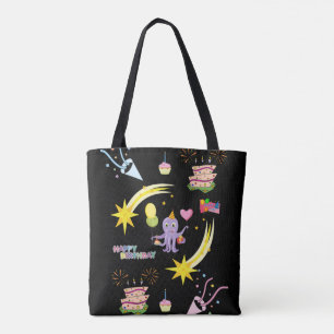 Bolsa Tote, Pulpo Morado Negro Cumpleaños Feliz