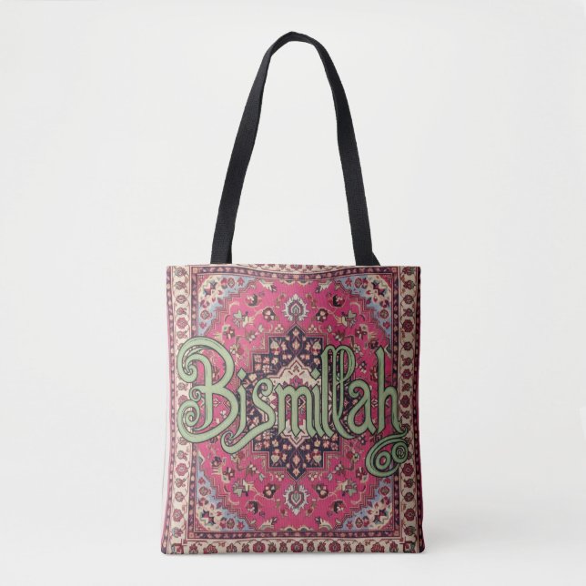 Bolsa tote rosa y verde Bismillah persa (Anverso)