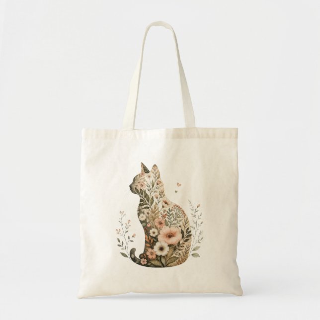 Bolsa tote silueta de gato flor silvestre Boho flo (Frente)
