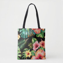 Bolsa Totebag Negra Floral de Hibisco Tropical