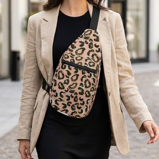 Bolsa transversal con estampado de leopardo brilla (Glitter Leopard Print Crossbody Sling Bag)