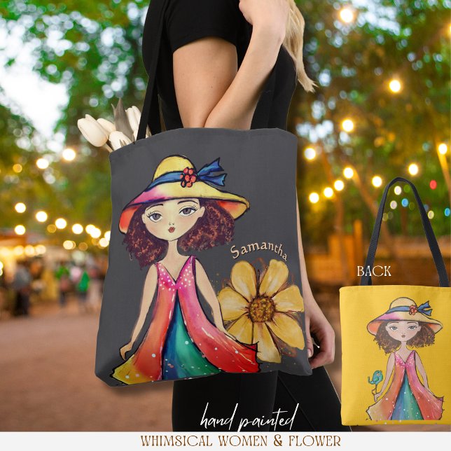Bolsa única de té - Diseño caprichoso de hembras y (Unique Tote Bag - Whimsical Female & Floral Design)