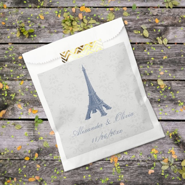 Bolsas de Favor de la Boda Azul de la Torre Eiffel (Blue Eiffel Tower Damask Wedding Favor Bags)