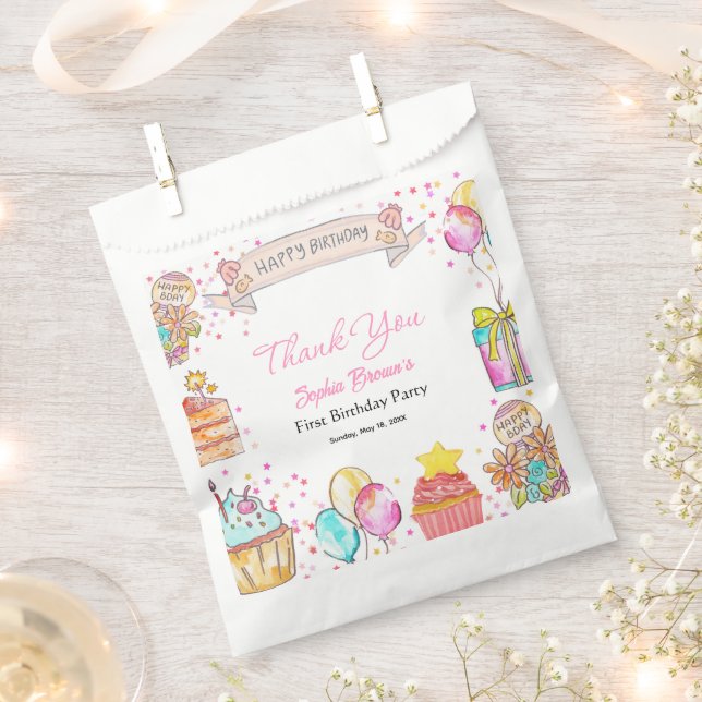 Bolsas de Favor Rosa para el Primer Cumpleaños de  (Cortado)