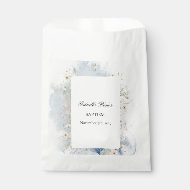 Bolsas de favores de bautizo con flores y cruz  (Anverso)