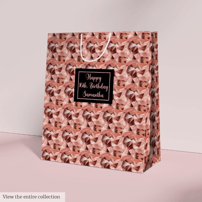 Bolsas de regalo personalizadas para cumpleaños 16 (Custom 16th Birthday Gift Bags Rose Gold and Black)