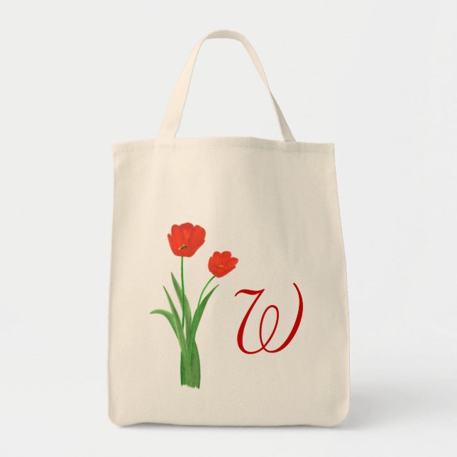 Bolsas de tote de Boda monogramo, tulipanes rojos (Frente)