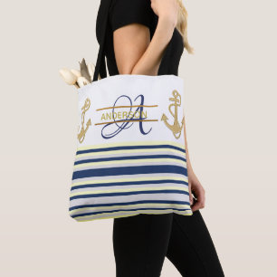 Bolsas De Tote De MonoGRAMA De Oro Azul De Ancla N