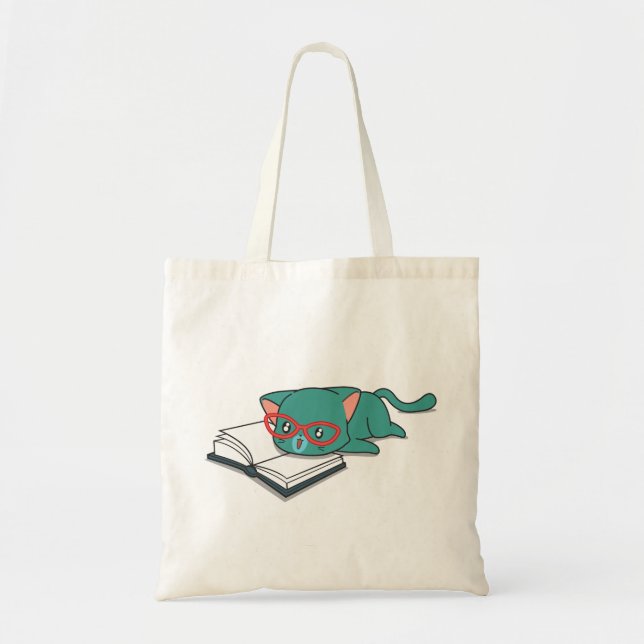 Bolsas Tote con diseño de gato con libro (Frente)