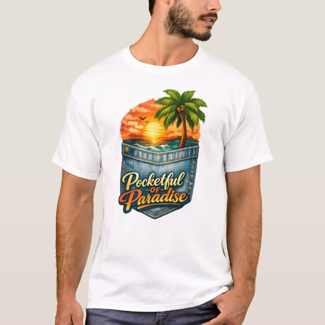 Bolsillo de Paraíso–Atardecer Tropical Camiseta Bá (Anverso)