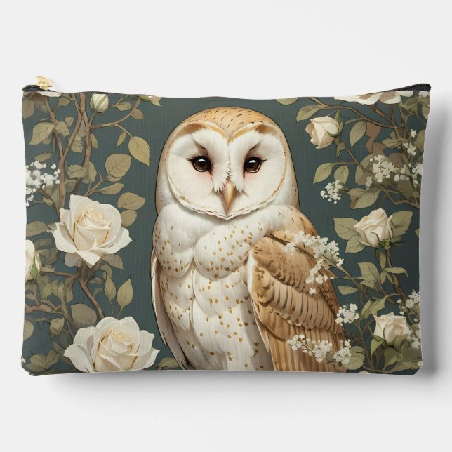 Bolsito Accesorio Grande Barn Owl And White Roses William Morris Inspired (Anverso)