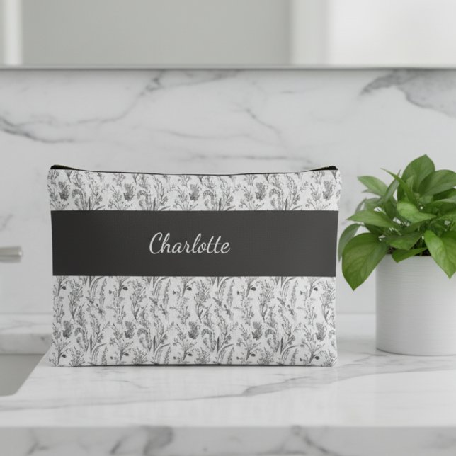 Bolsito Accesorio Grande Black White Toile Floral Custom Name (black and white minimalist toile pattern accessory makeup bag with custom name for gift for her)