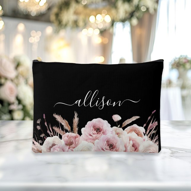 Bolsito Accesorio Grande Boho, floral, regalo, nombre (Boho, floral, gift Name accessory and makeup bag showcases a sleek white script font with elegant sw)