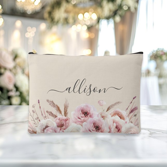 Bolsito Accesorio Grande Boho, floral, regalo, nombre (Boho, floral, gift Name accessory and makeup bag showcases a sleek black script font with elegant sw)