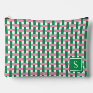 Bolsito Accesorio Grande Cesta Trenzada Preppy – Monograma Rosa y Verde