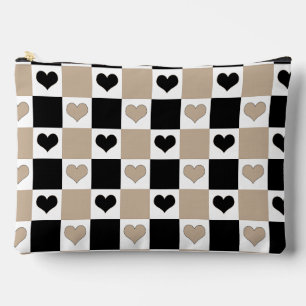 Bolsito Accesorio Grande Corazones de tablero de ajedrez en taupe, negro y