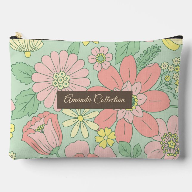 Bolsito Accesorio Grande Custom beautiful hand drawn flowers in Pastel Pink (Anverso)