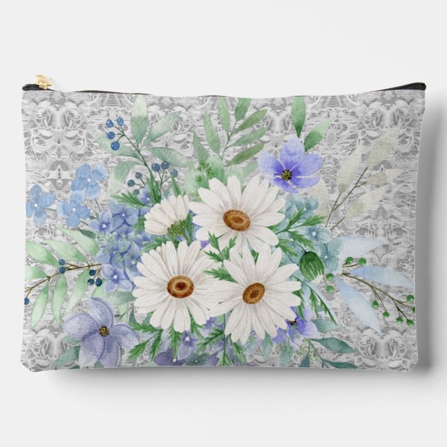 Bolsito Accesorio Grande Cute Daisies y Blue Floral Cosmetic Pouch (Anverso)