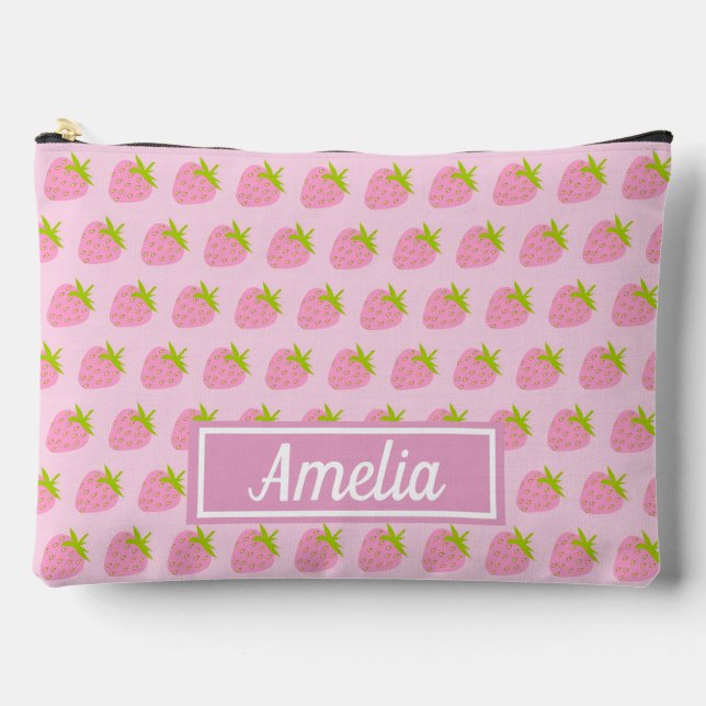 Bolsito Accesorio Grande Cute Girly Pink Strawberry Pattern Personalised (Anverso)