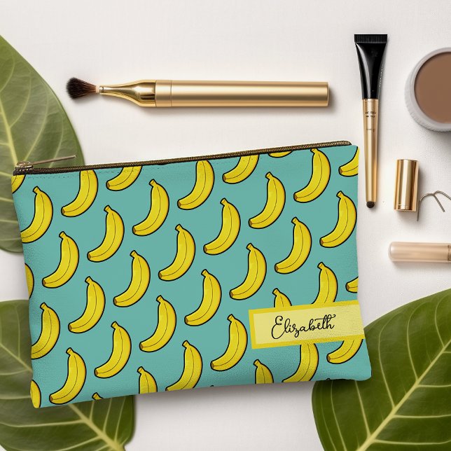 Bolsito Accesorio Grande El banano amarillo azul Cute Aqua personalizado (Cute Aqua Blue Yellow Banana Personalized Accessory Pouch)
