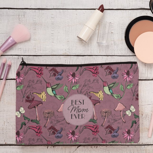 Bolsito Accesorio Grande Elegante Plum Mejor Mamá Foto Hummingbird (Front: Best Mom Ever on a Chic Hummingbird & Bignonia Pattern. Back: Custom Photo and 2 Messages.)