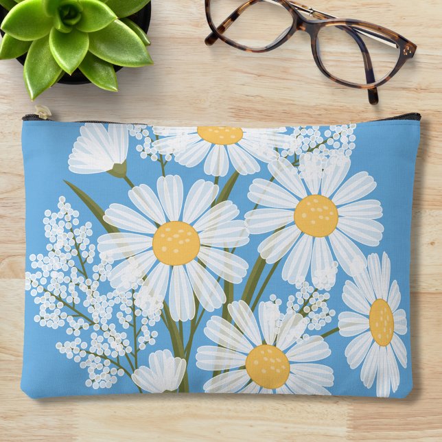 Bolsito Accesorio Grande Elegantes margaritas blancas florales en azul (Subido por el creador)