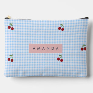 Bolsito Accesorio Grande Estampado de Cereza a Cuadros Azul Retro Personali