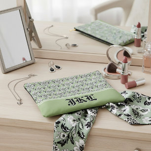 Bolsito Accesorio Grande estampado de damasco en verde salvia con monograma