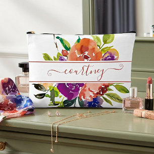 Bolsito Accesorio Grande Floral personalizado de acuarela púrpura y naranja
