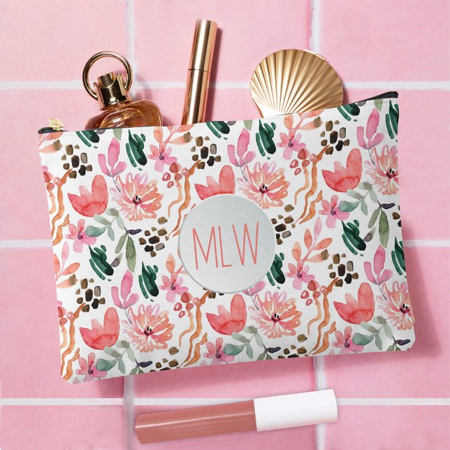 Bolsito Accesorio Grande Floral rosa monogramado grande (Large Pink Floral Monogrammed Accessory Pouch)
