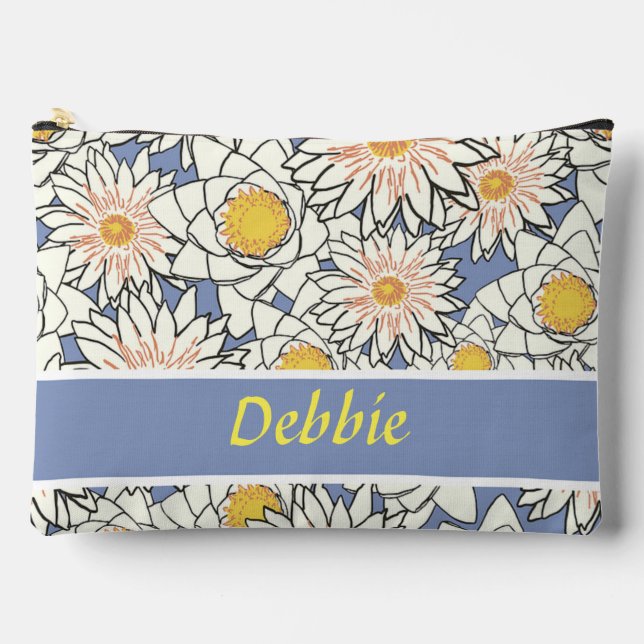 Bolsito Accesorio Grande Flores blancas en azul (Anverso)