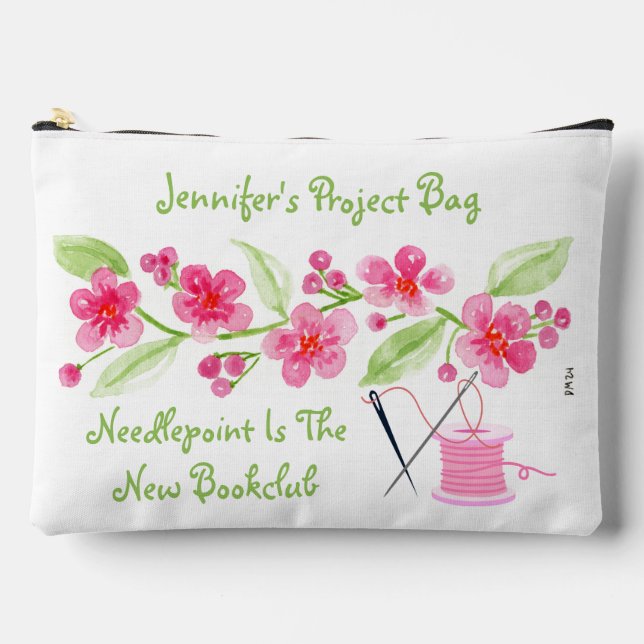 Bolsito Accesorio Grande Flores de cerezo pintadas a mano Needlepoint Zipke (Anverso)