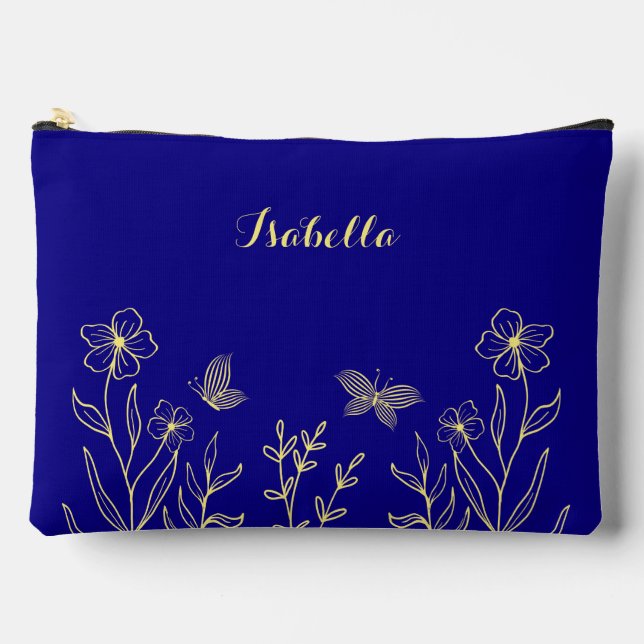 Bolsito Accesorio Grande Flores de oro simples azul real (Anverso)