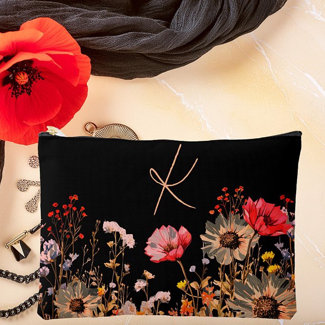 Bolsito Accesorio Grande Flores de primavera brillantes en monograma negro (Subido por el creador)
