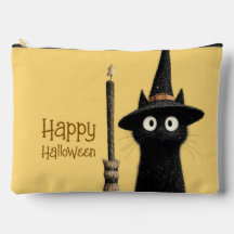 Gato negro caprichoso feliz Halloween