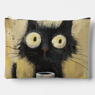 Bolsito Accesorio Grande Gato negro desgreñado con café sobre marrón grunge
