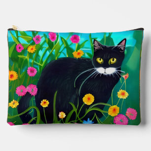 Bolsito Accesorio Grande Gato negro en un colorido jardín de flores
