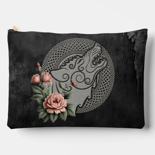 Bolsito Accesorio Grande Lobo vikinés y Rosas. Una cabeza de lobo estilizad (Anverso)