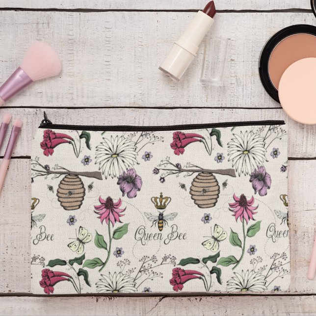 Bolsito Accesorio Grande Marfil Queen Bee & Gold Crown (Chic and Trendy Queen Bee & Exotic Flowers Makeup or Accessory Pouch on an Elegant Ivory Background.)