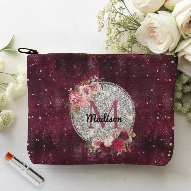 Bolsito Accesorio Grande Moda falsa Purpurina plateado Burgundy Floral mono (Subido por el creador)
