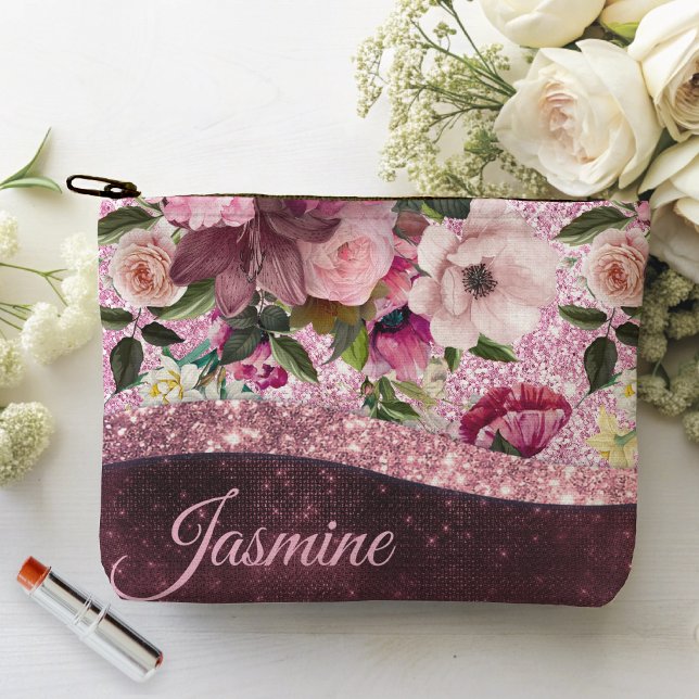 Bolsito Accesorio Grande Moda floral Borgoña rosa purpurina monograma (Subido por el creador)