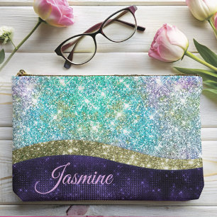 Bolsito Accesorio Grande Moda monograma purpurina iridiscente azul morado