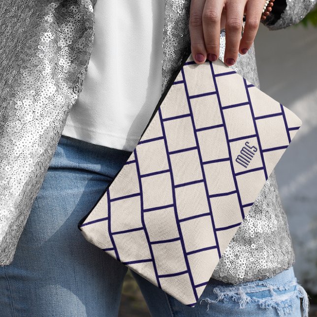 Bolsito Accesorio Grande Monogram Beige & Navy Blue Stylish Trellis Pattern (Subido por el creador)