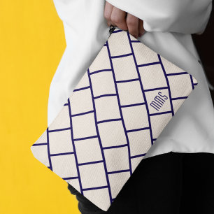 Bolsito Accesorio Grande Monograma beige y azul marino Patrón de enrejado e