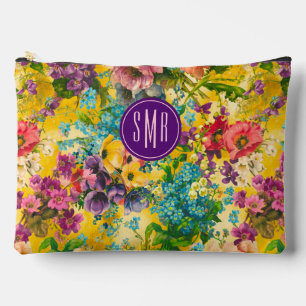 Bolsito Accesorio Grande Monograma de patrón amarillo floral púrpura vintag