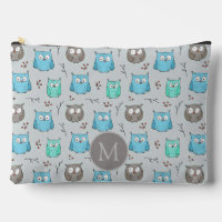 Monograma del patrón de búho gris azul lindo