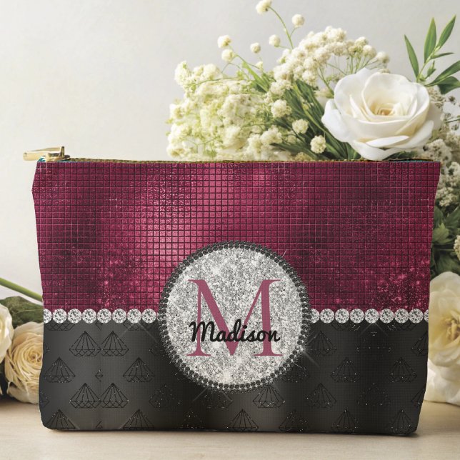 Bolsito Accesorio Grande Monograma negro burlono Purpurina plateado burdeos (Subido por el creador)