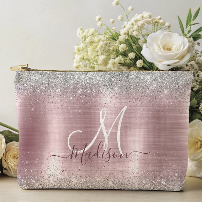 Bolsito Accesorio Grande Monograma purpurina de imitación plateado con rosa (Subido por el creador)